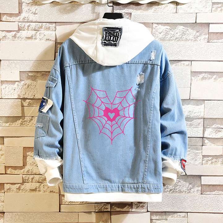 Love Spider Web Fake Two Piece Denim Hooded Jacket