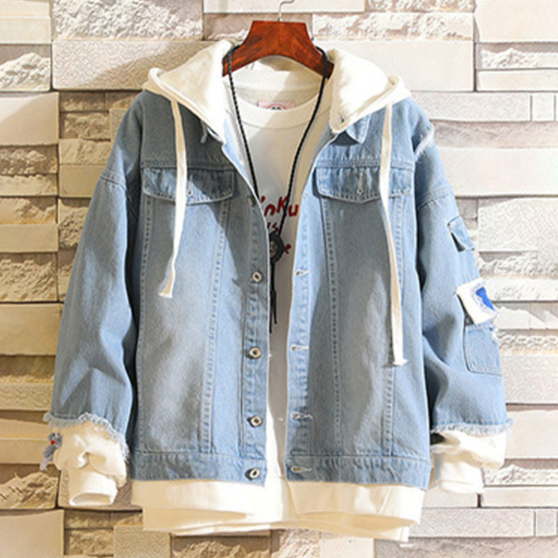 Love Spider Web Fake Two Piece Denim Hooded Jacket