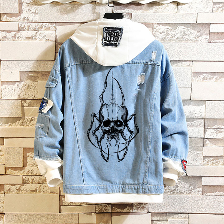 Spider Skull Print Fake Two Piece Hooded Denim Jacket