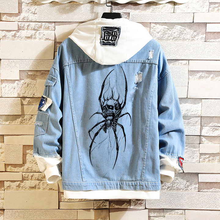 Spider Skull Print Fake Two Piece Hooded Denim Jacket