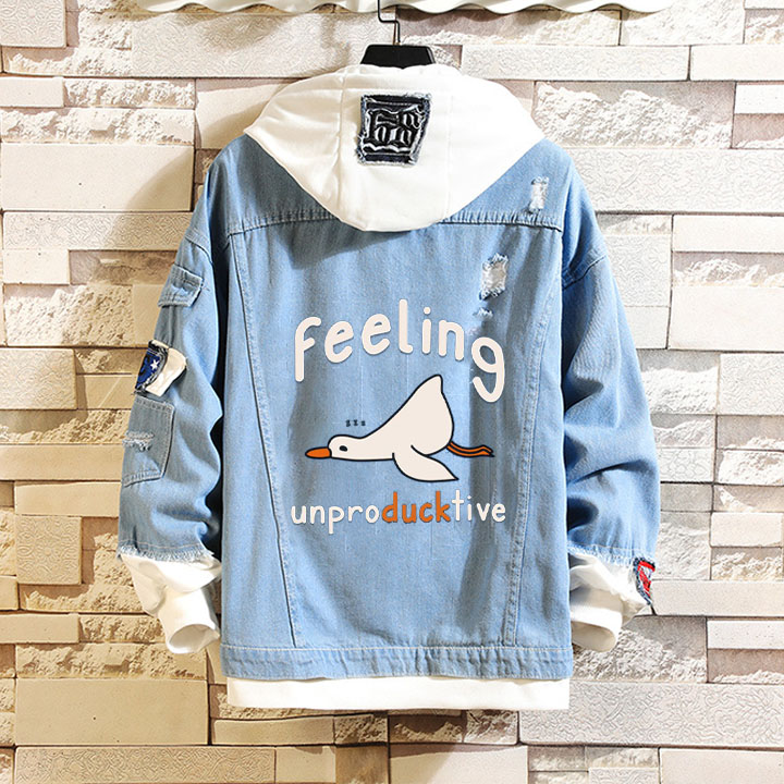 Feeling Unproducktive Printed Denim Hooded Jacket