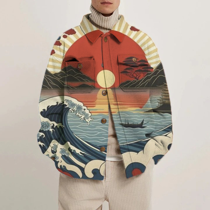 Ukiyoe Wave Sunrise Print Shirt Thin Jacket