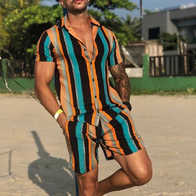 Striped Print Beach Shirt Set