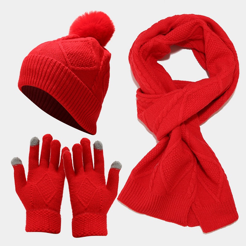 Knitted Hat Scarf and Gloves Three-Piece Set