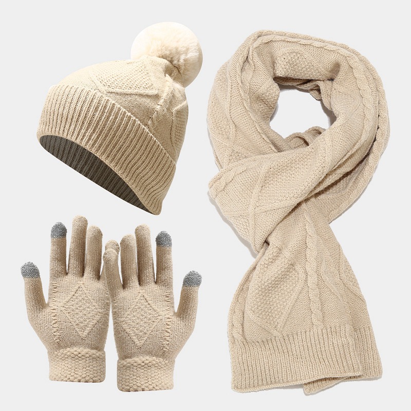 Knitted Hat Scarf and Gloves Three-Piece Set