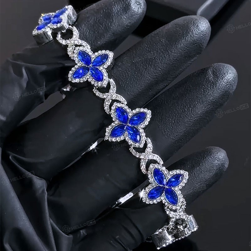 Iced Out 17mm Sapphire Clover Bracelet in White Gold