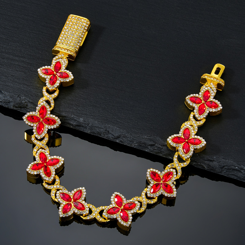 Iced Out 17mm Ruby Clover Bracelet in Gold