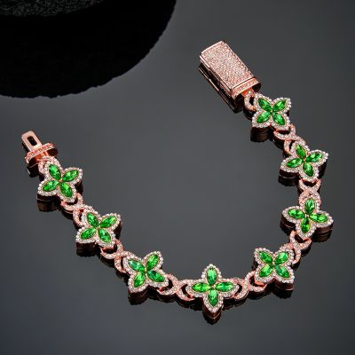 Iced Out 17mm Emerald Clover Bracelet in Rose Gold