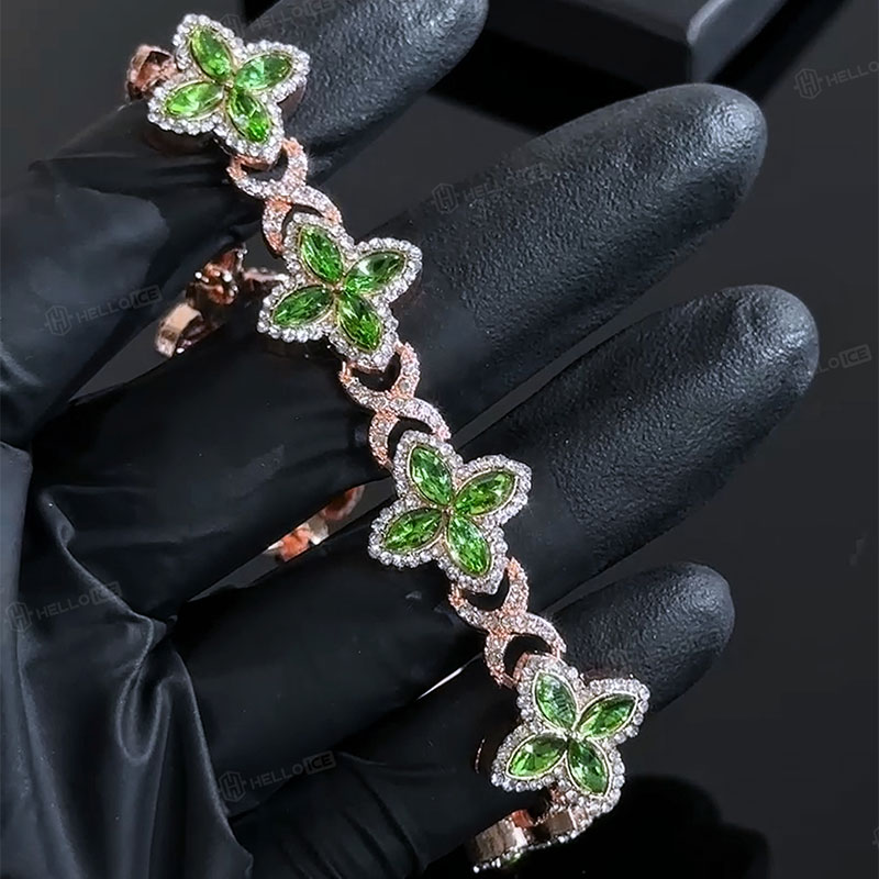 Iced Out 17mm Emerald Clover Bracelet in Rose Gold