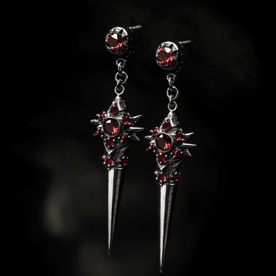 Gothic Thorn with Ruby Stud Drop Earrings