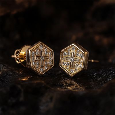 Iced Hexagon with Cross Stud Earrings