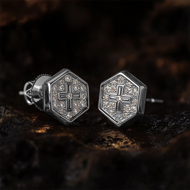 Iced Hexagon with Cross Stud Earrings