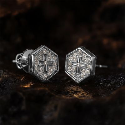 Iced Hexagon with Cross Stud Earrings