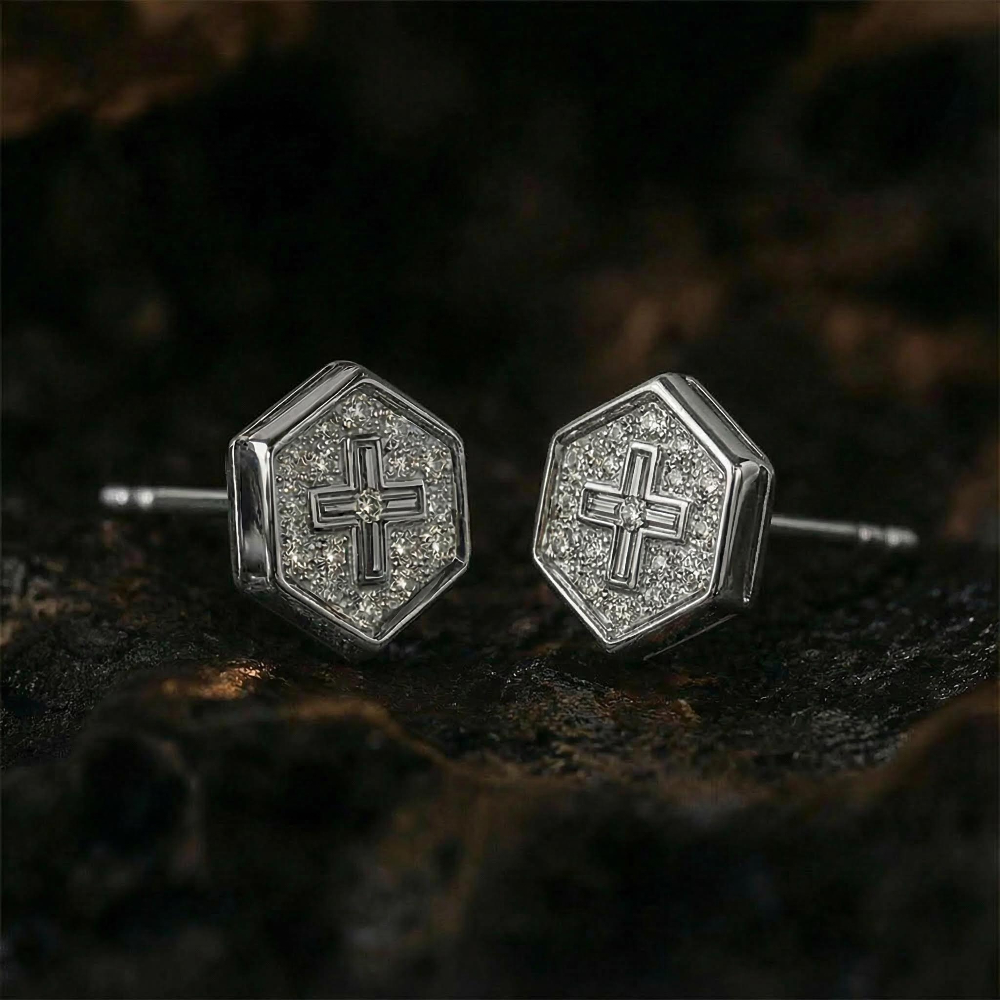 Iced Hexagon with Cross Stud Earrings Iced Hexagon with Cross Stud Earrings
