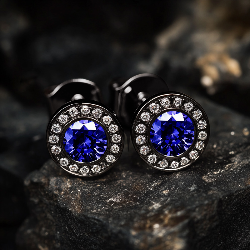 Brilliant Round Cut Halo Stud Earrings in Black Gold