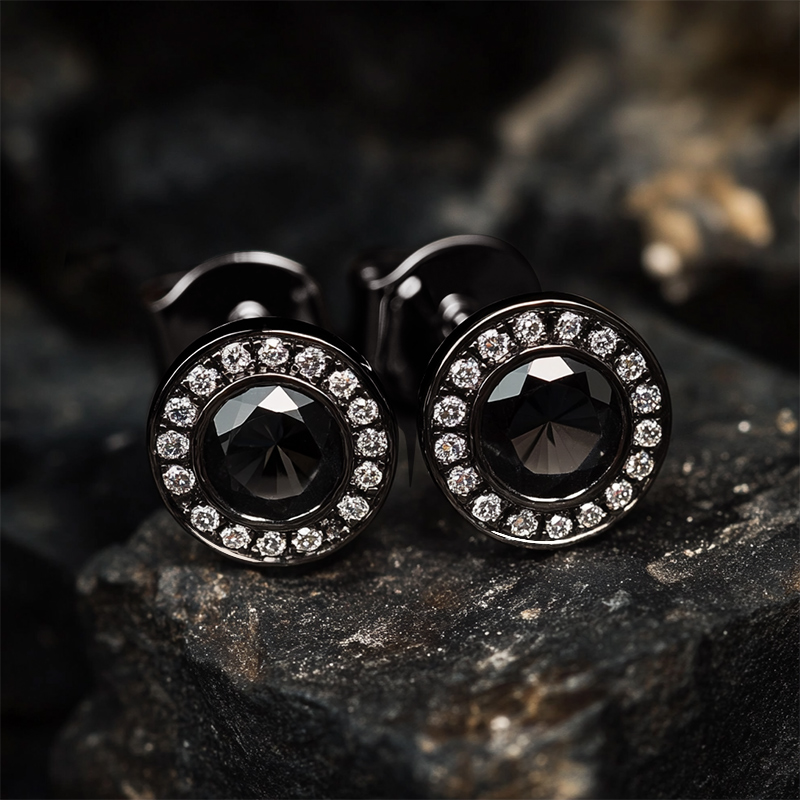 Brilliant Round Cut Halo Stud Earrings in Black Gold