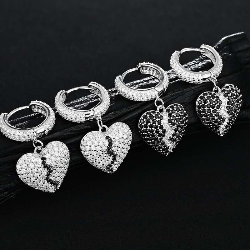 925S & VVS Moissanite Black & White Broken Heart Iced Out Drop Earrings