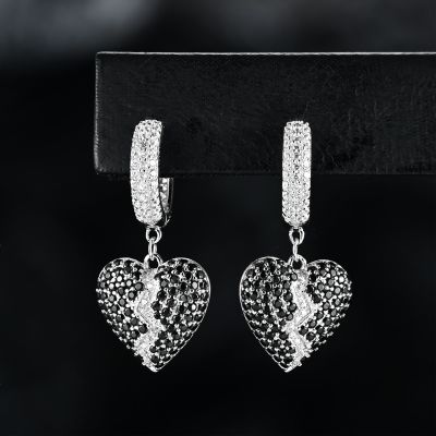 925S & VVS Moissanite Black & White Broken Heart Iced Out Drop Earrings