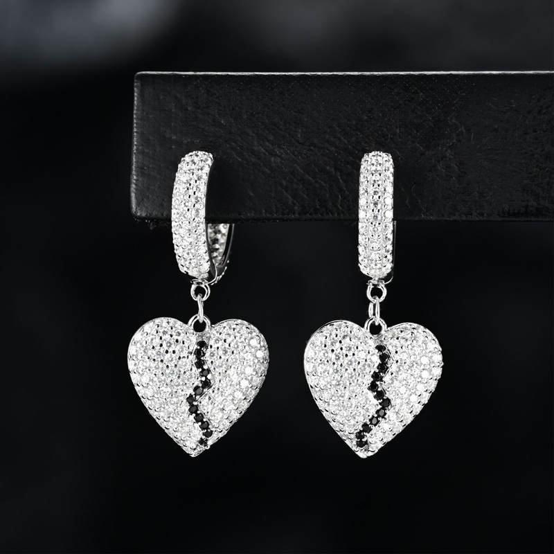 925S & VVS Moissanite Black & White Broken Heart Iced Out Drop Earrings