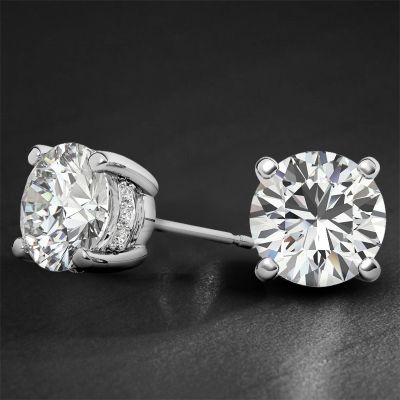 925S & VVS Moissanite Round Earrings with Pave Diamond Basket