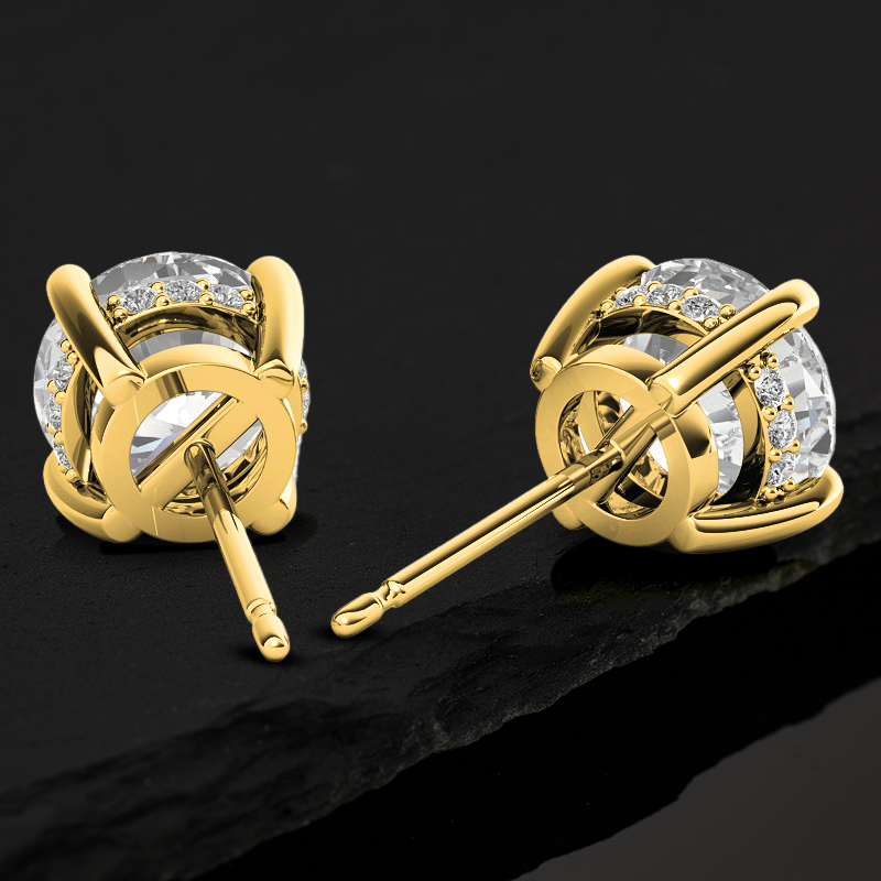 925S & VVS Moissanite Round Earrings with Pave Diamond Basket in Gold