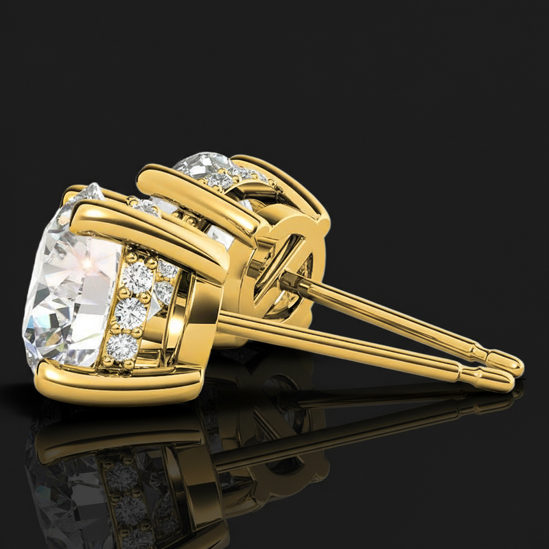 925S & VVS Moissanite Round Earrings with Pave Diamond Basket in Gold