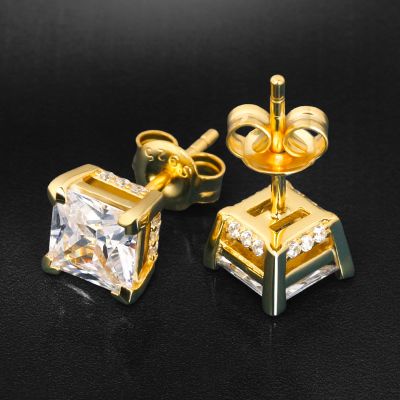 925S & VVS Moissanite Princess Cut 1CT Stud Earrings with Pave Diamond Basket in Gold