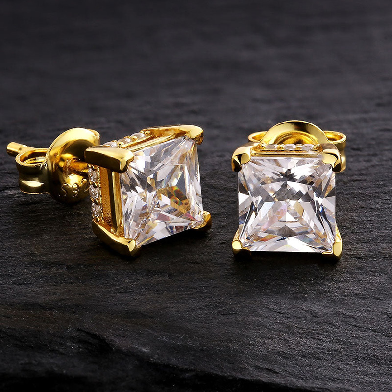 925S & VVS Moissanite Princess Cut 1CT Stud Earrings with Pave Diamond Basket in Gold