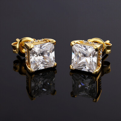 925S & VVS Moissanite 2CTW Princess Cut Stud Earrings with Pave Diamond Basket in Gold