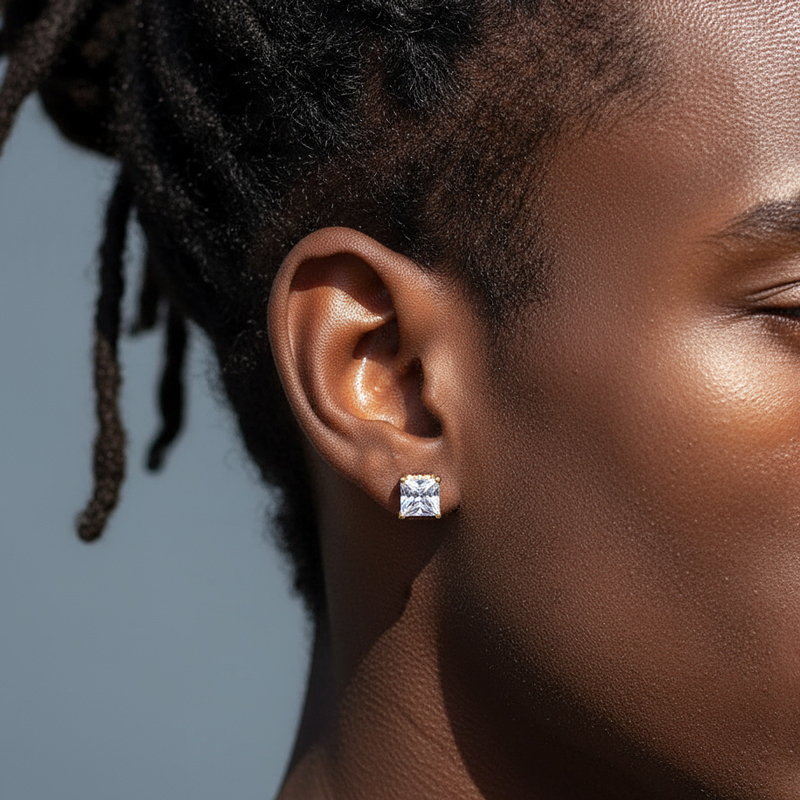 925S & VVS Moissanite 2CTW Princess Cut Stud Earrings with Pave Diamond Basket in Gold