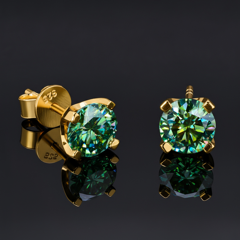 925S & VVS Moissanite 0.5Ct/1Ct/2Ct/3Ct Light Blue Brilliant Round Cut Stud Earrings in Gold