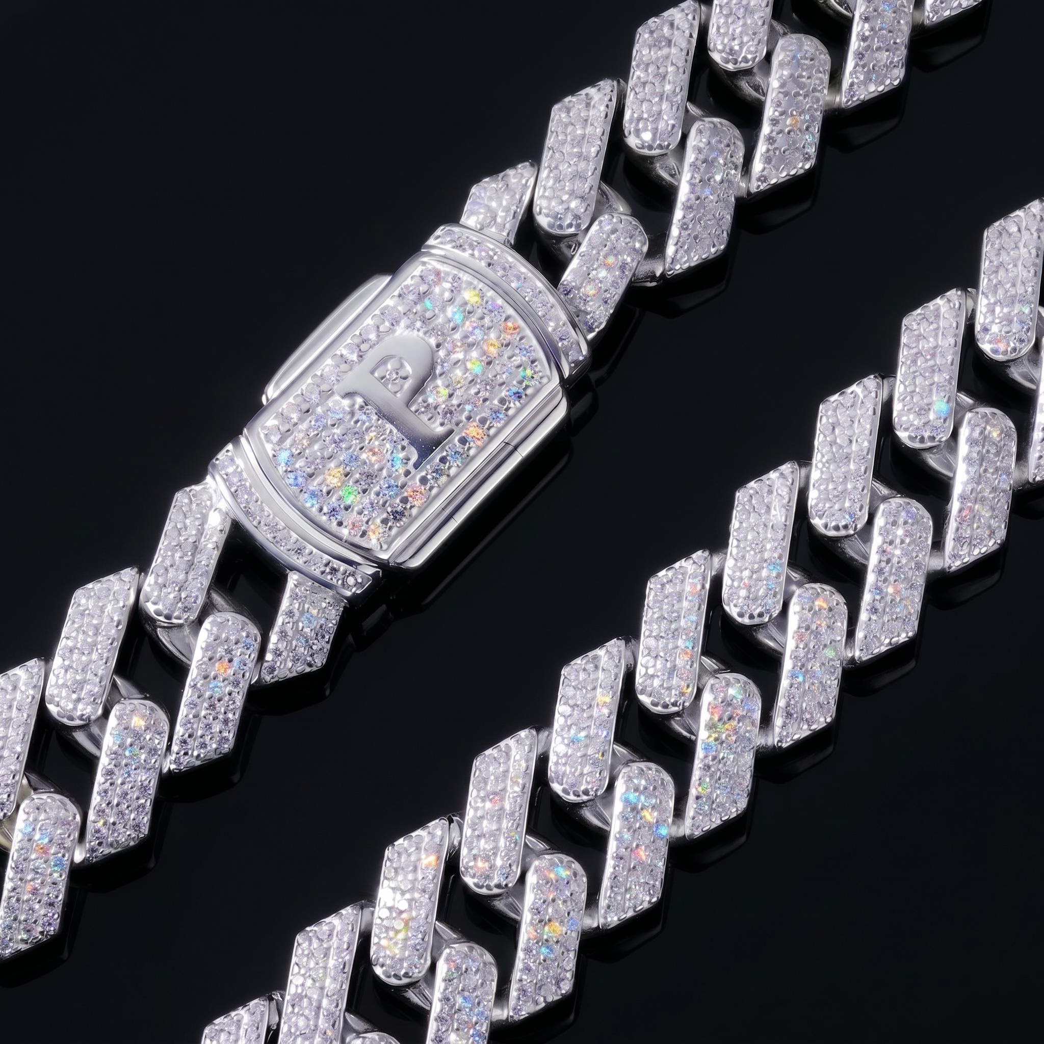 925 Silver & VVS1 Moissanite 12MM Initial Letter Prong Cuban Link Chain 925 Silver & VVS1 Moissanite 12MM Initial Letter Prong Cuban Link Chain