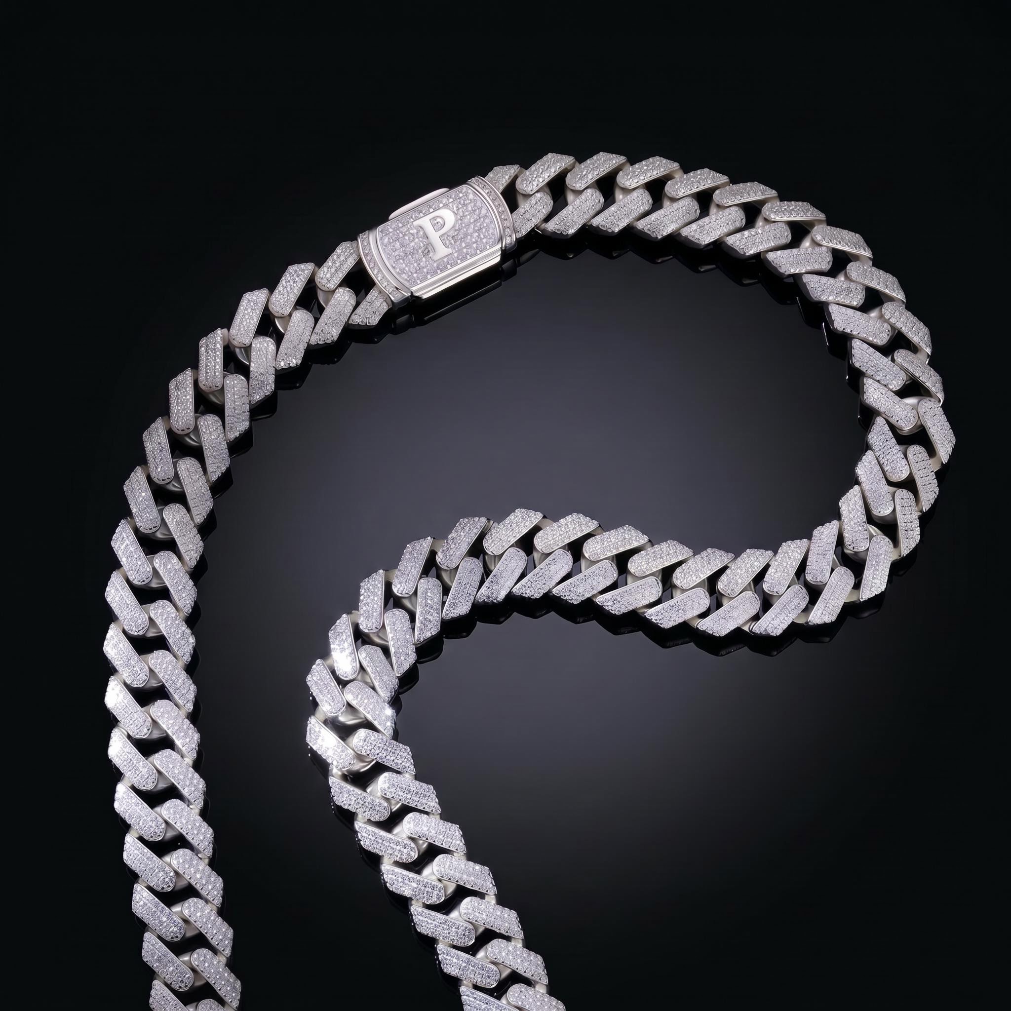 925 Silver & VVS1 Moissanite 12MM Initial Letter Prong Cuban Link Chain 925 Silver & VVS1 Moissanite 12MM Initial Letter Prong Cuban Link Chain