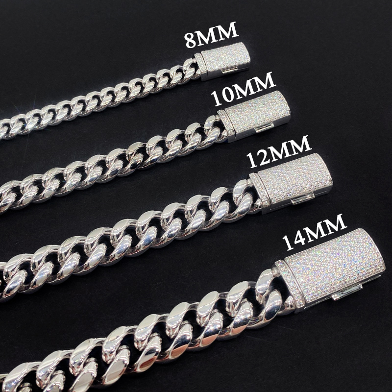 8mm/10mm/12mm/14mm 925S & VVS Moissanite Box Clasp Stainless Steel Cuban Chain