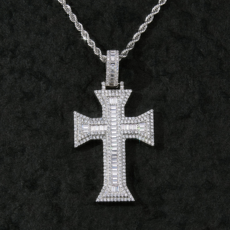 Iced Out Baguette Cross Pendant in White Gold