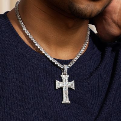 Iced Out Baguette Cross Pendant in White Gold