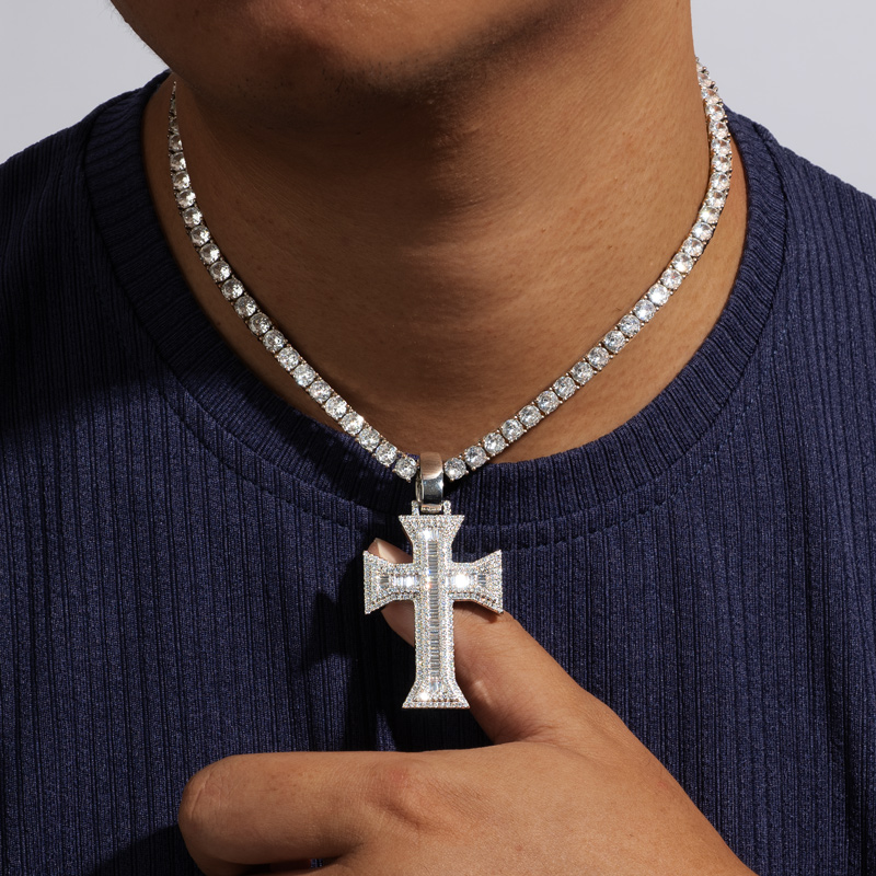 Iced Out Baguette Cross Pendant in White Gold