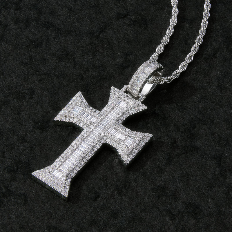 Iced Out Baguette Cross Pendant in White Gold