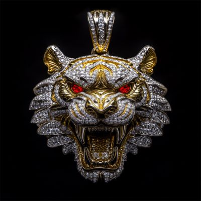 Micro Pave Roaring Tiger Head Pendant in 18k Yellow Gold