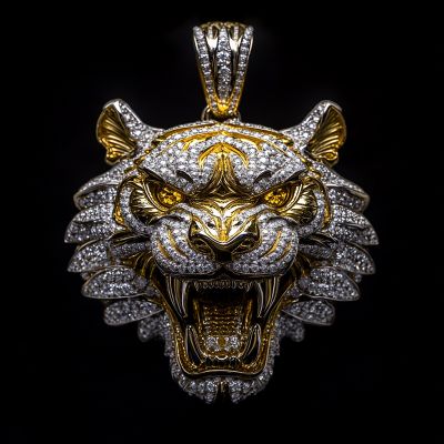 Micro Pave Roaring Tiger Head Pendant in 18k Yellow Gold