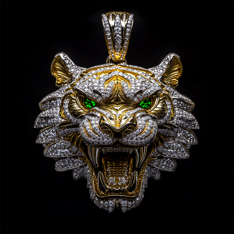 Micro Pave Roaring Tiger Head Pendant in 18k Yellow Gold