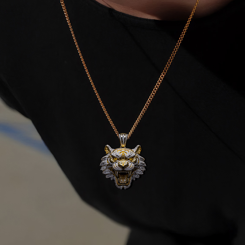 Micro Pave Roaring Tiger Head Pendant in 18k Yellow Gold