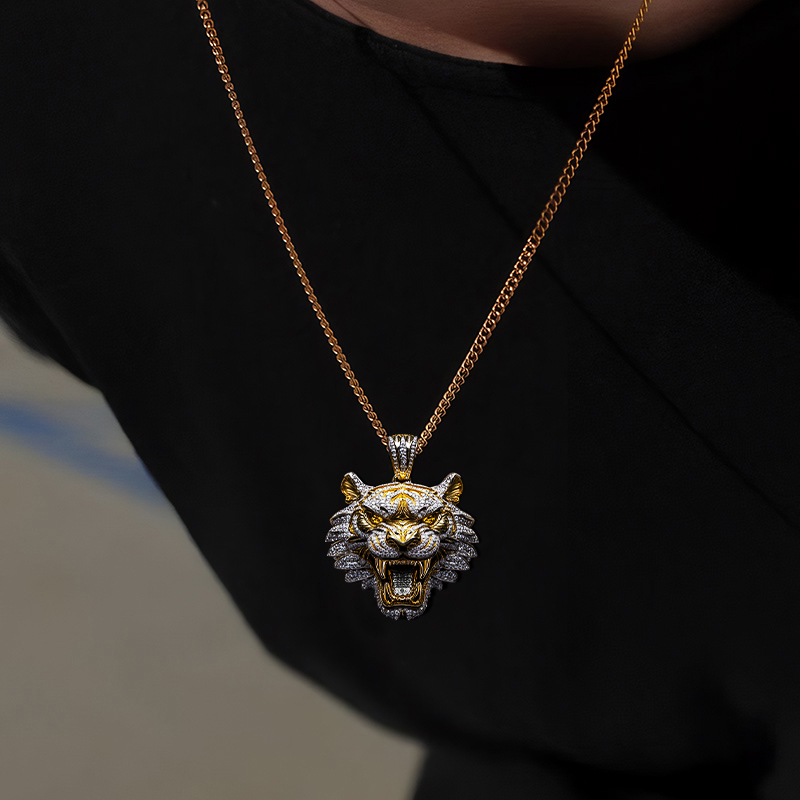 Micro Pave Roaring Tiger Head Pendant in 18k Yellow Gold