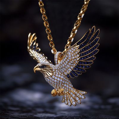 Iced Flying Eagle with Sapphire Wings Pendant