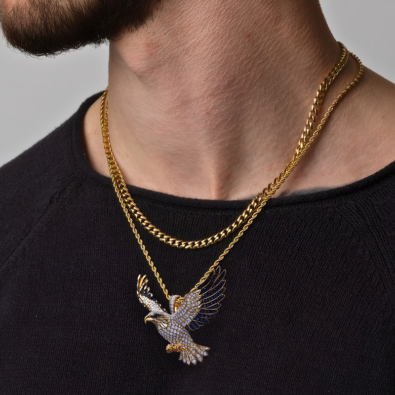 Iced Flying Eagle with Sapphire Wings Pendant