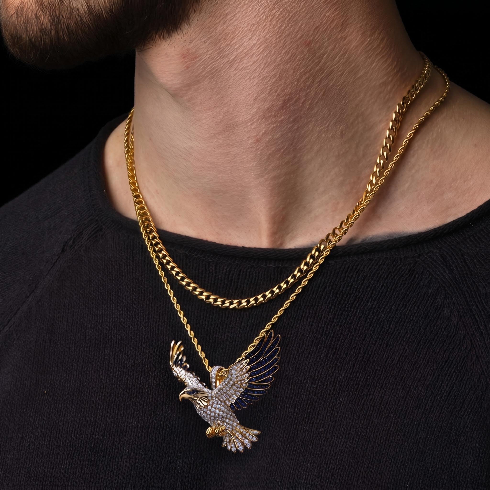 Iced Flying Eagle with Sapphire Wings Pendant
