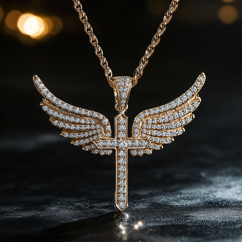 Iced Cross with Angle Wings Pendant