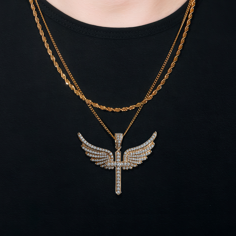 Iced Cross with Angle Wings Pendant