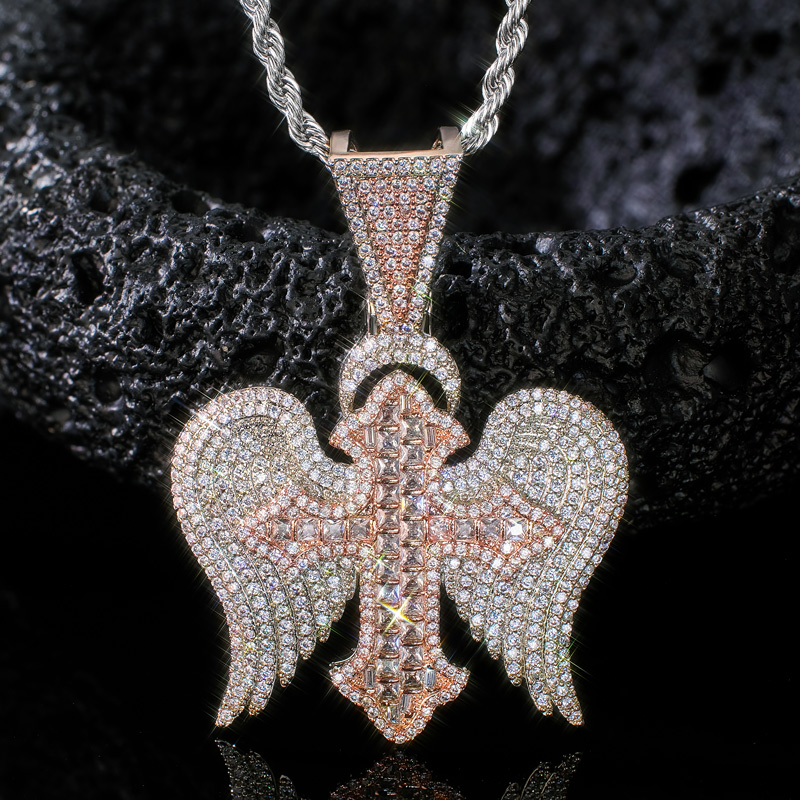 Iced Out Princess Cut Cross with Angle Wings Pendant