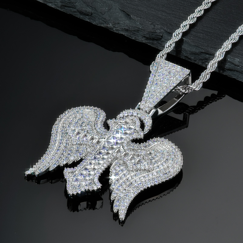 Iced Out Princess Cut Cross with Angle Wings Pendant